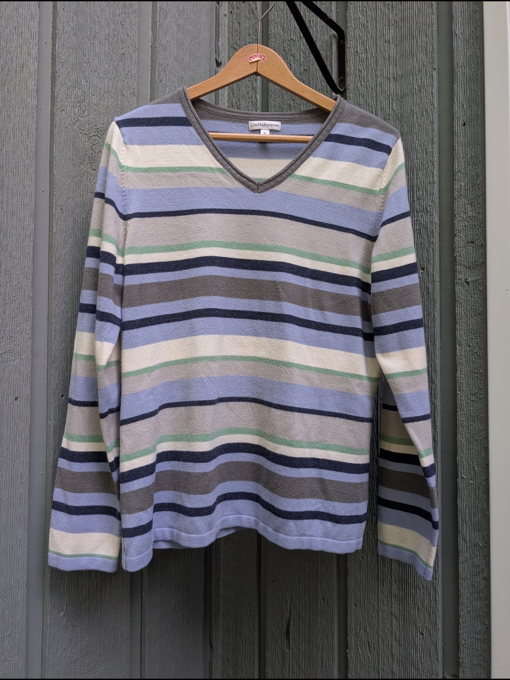 Striped V-Neck Sweater in Blue, Gray, Cream & Green